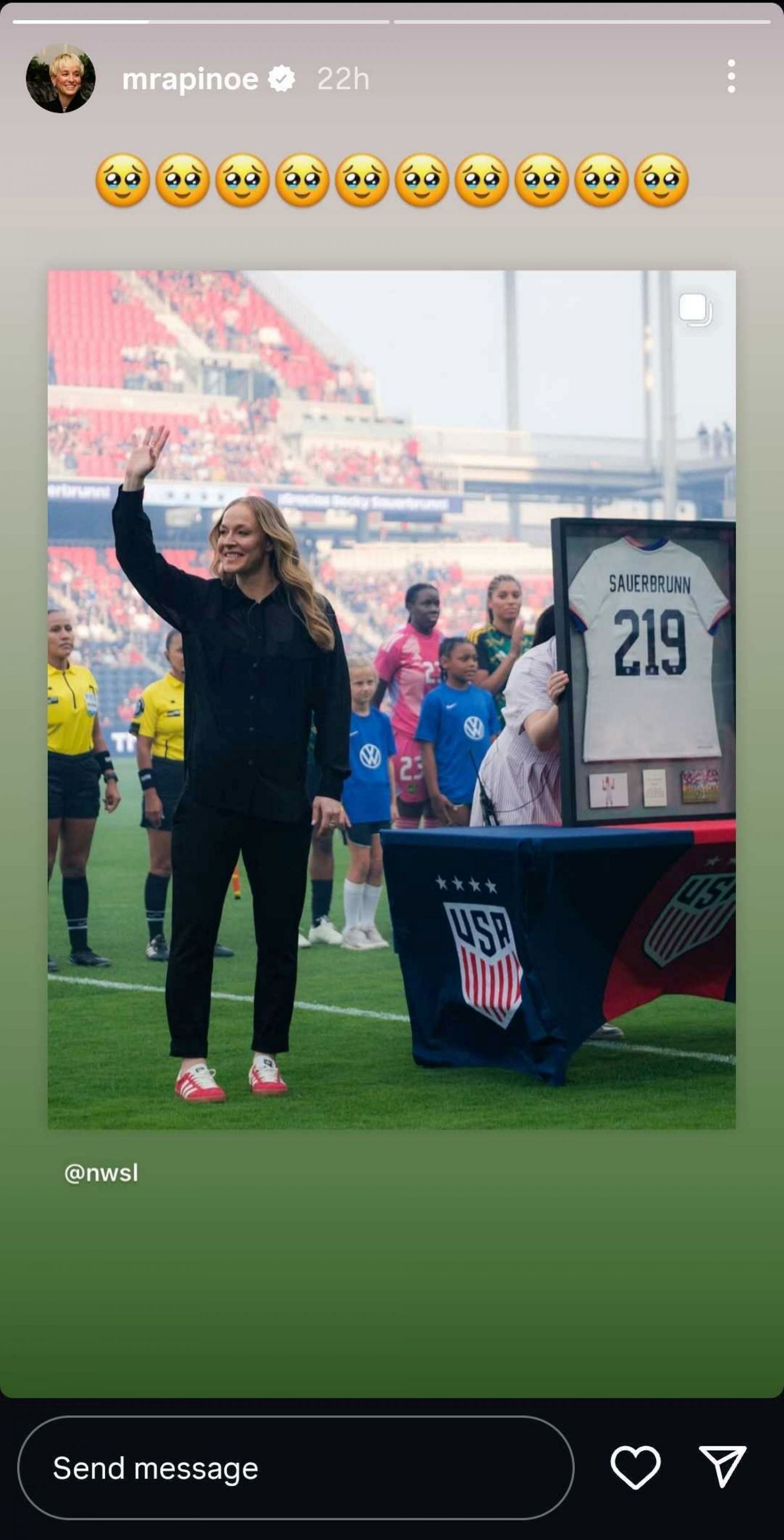 Megan Rapinoe reacts to Becky Sauerbrunn receiving honor from USWNT; Instagram - @mrapinoe